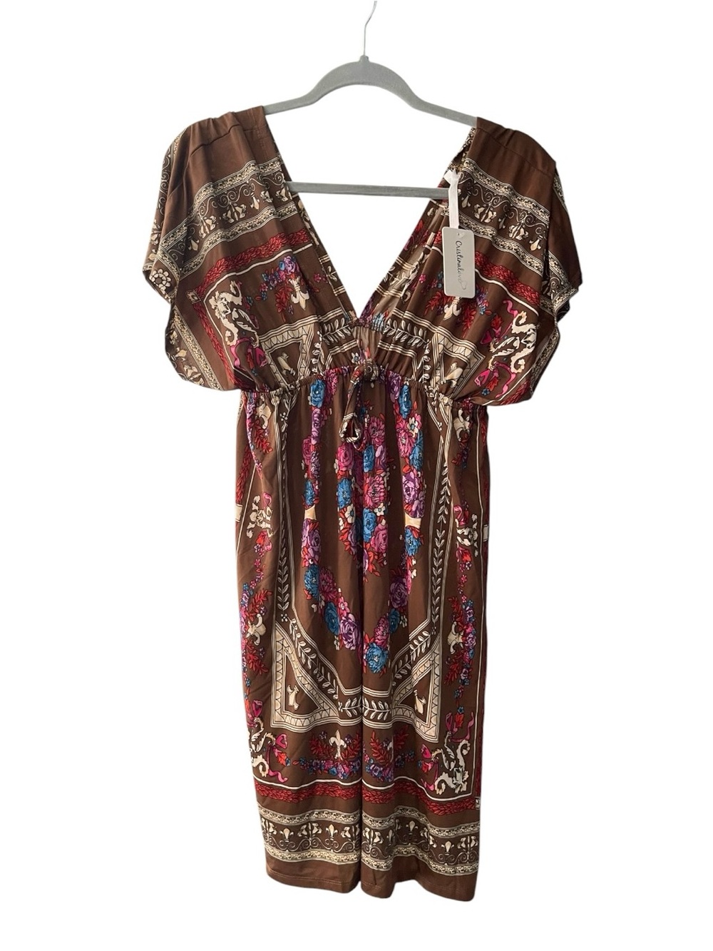 NWT Cristina Love Brown Floral Scarf Print Kaftan Dress Size L Boho